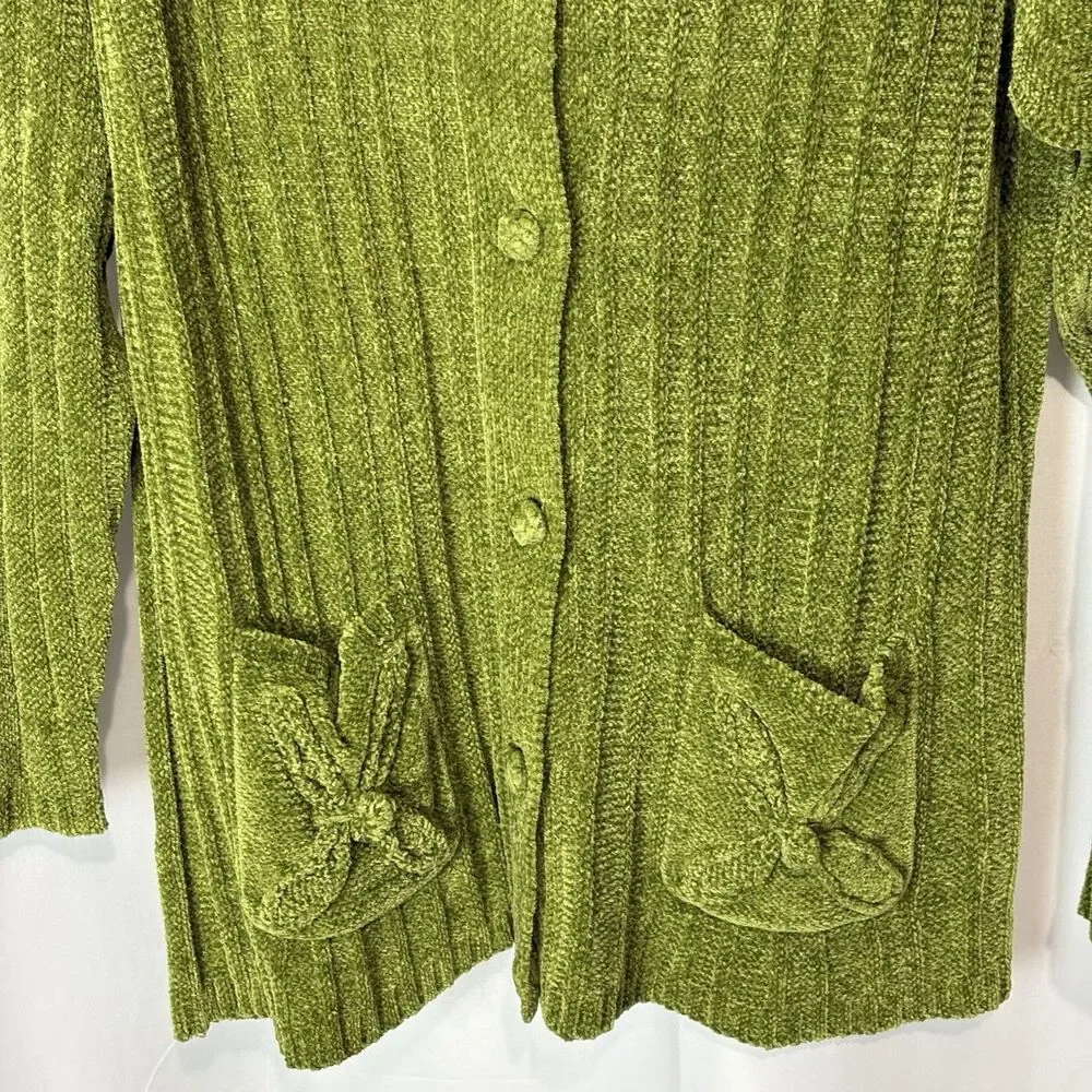 Vintage 90s Small Chenille Sweater Cardigan Peter Pan Collar Pockets‎ Green Cozy